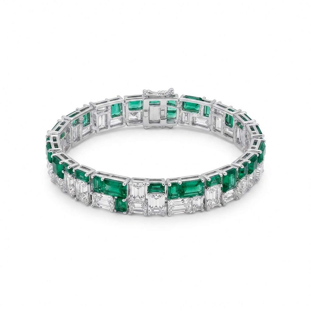 Art Deco Dual-Tone Emerald & Diamond Cut Statement Bracelet