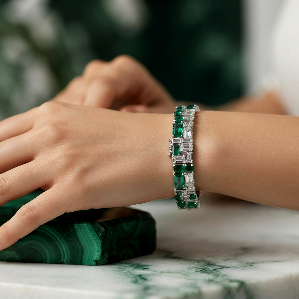 Art Deco Dual-Tone Emerald & Diamond Cut Statement Bracelet