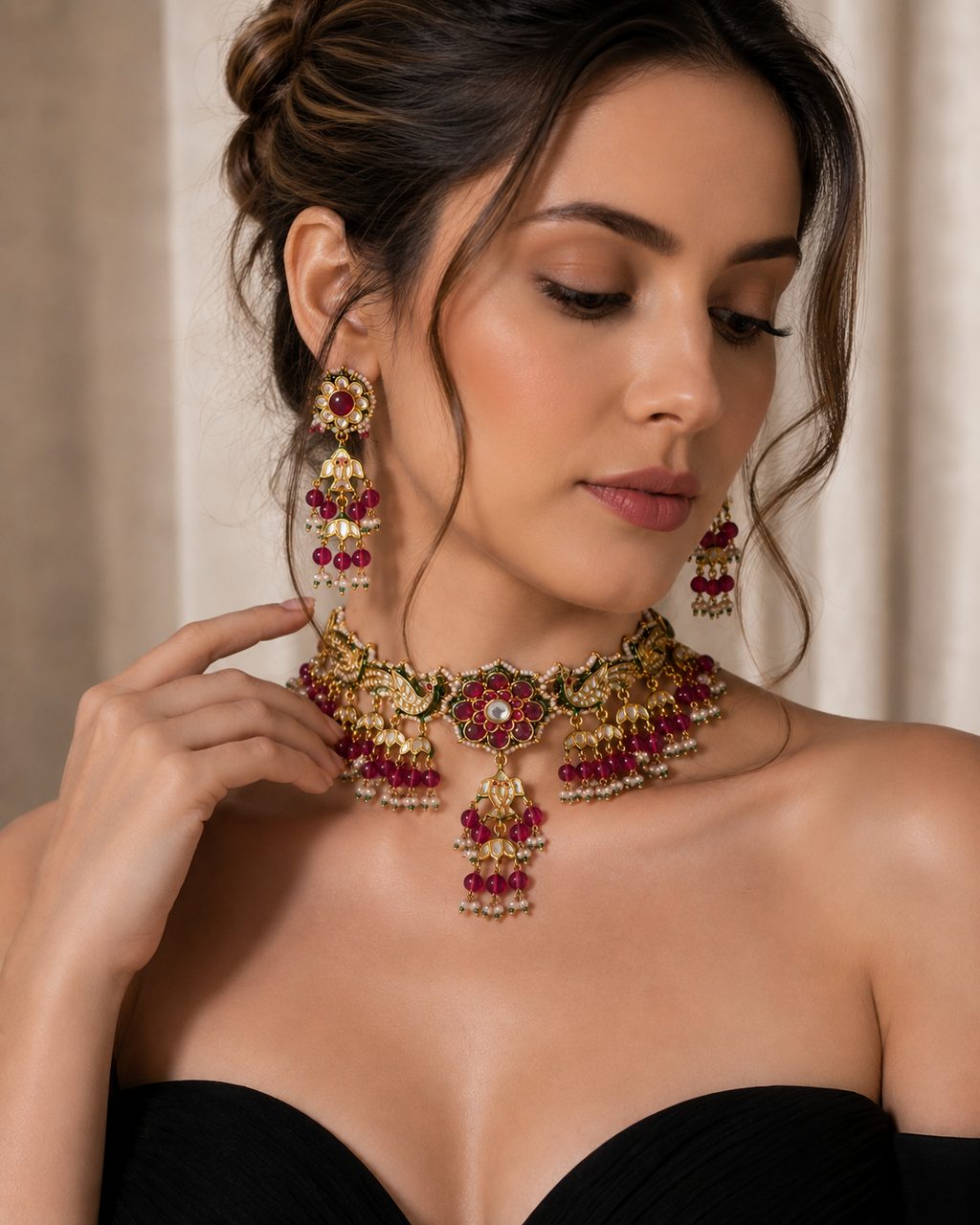 Royal Mayur & Floral Kundan Choker Set with Ruby Beads & Pearls