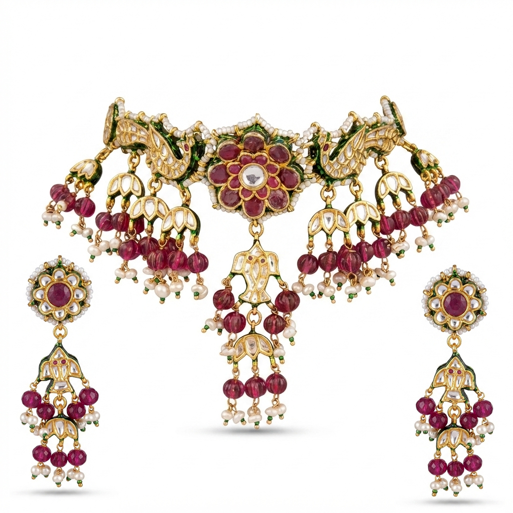 Royal Mayur & Floral Kundan Choker Set with Ruby Beads & Pearls