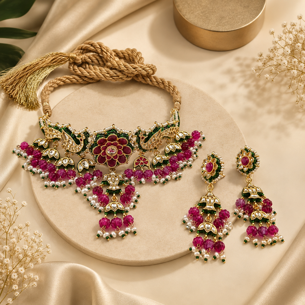 Royal Mayur & Floral Kundan Choker Set with Ruby Beads & Pearls