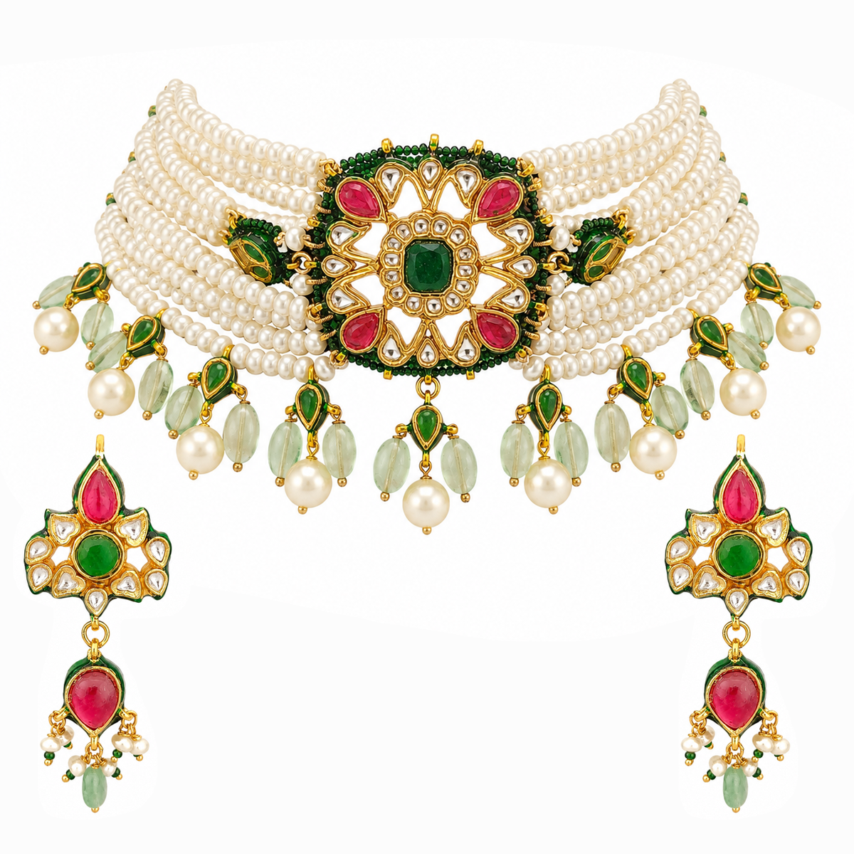 Navratna-Inspired Meenakari & Pearl Choker