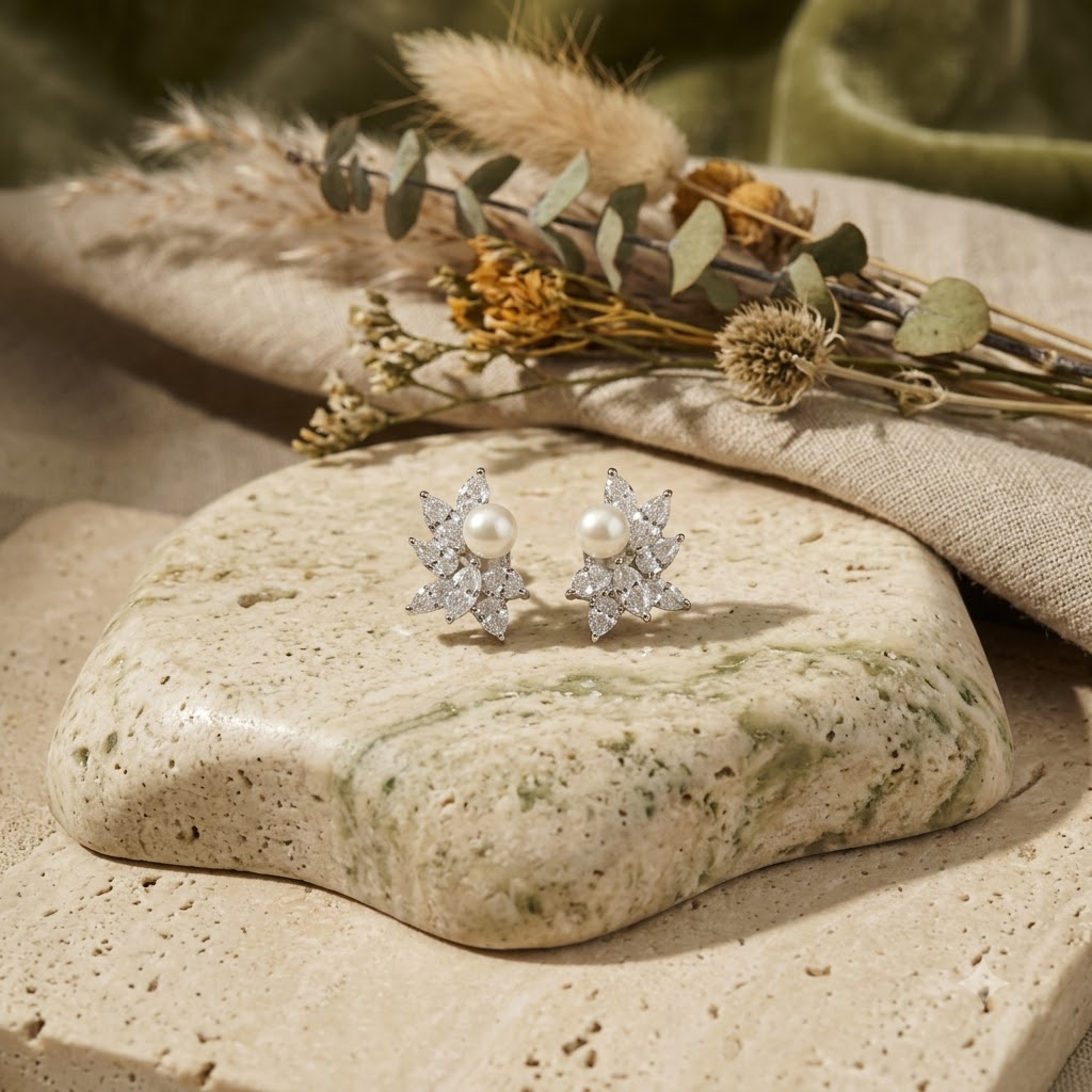 Ethereal Marquise Leaf & Pearl Earrings
