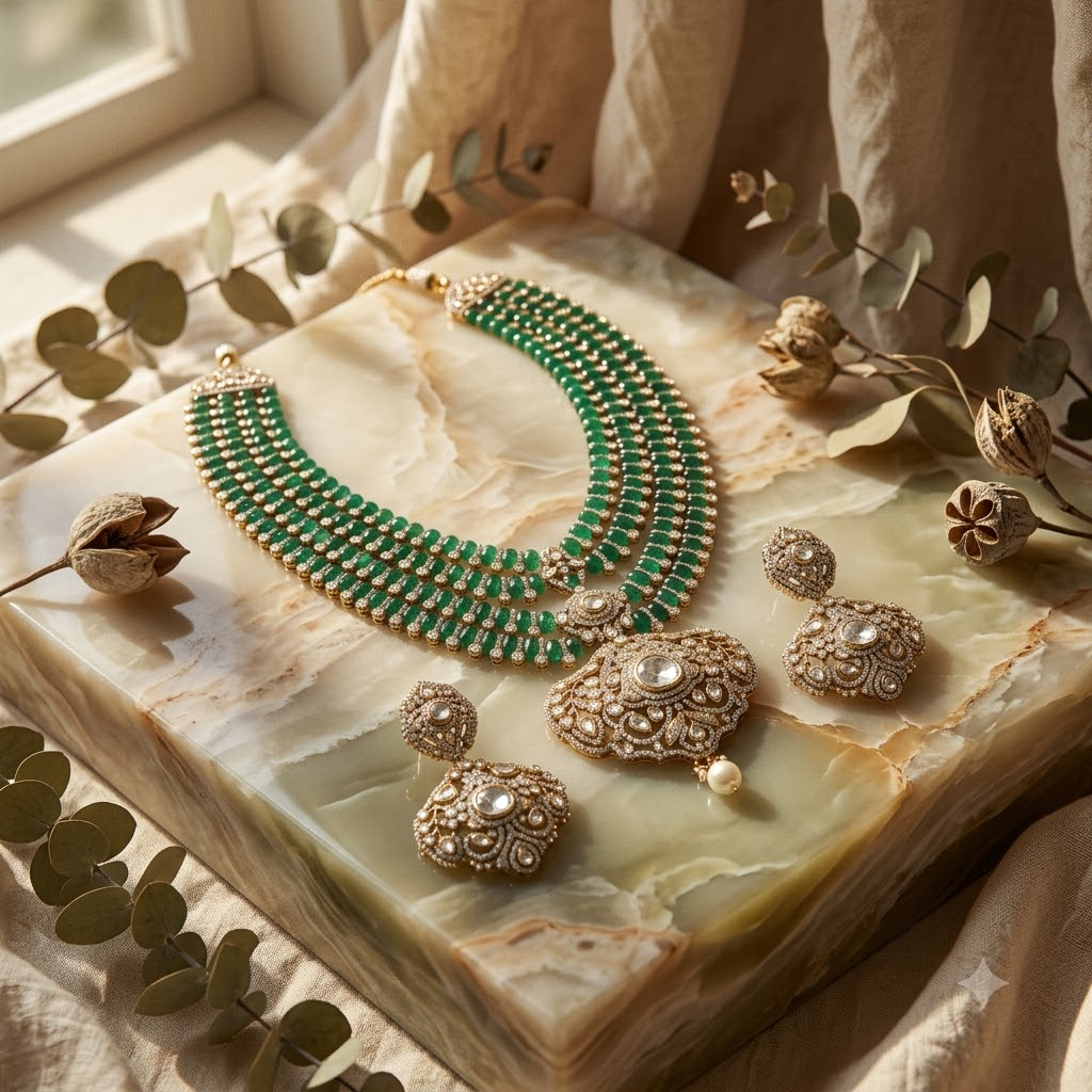 The Noor-e-Fiza Heritage Emerald & Polki Haar
