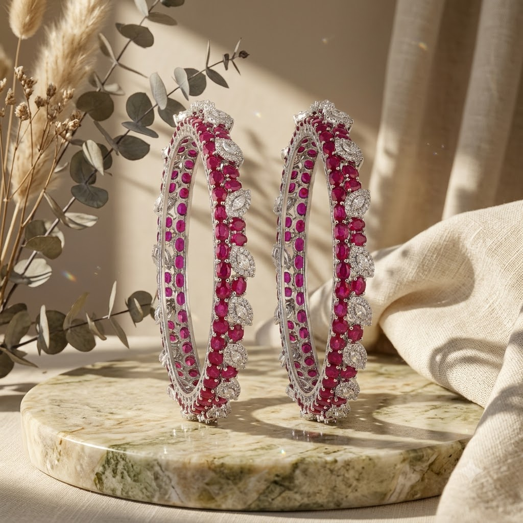 Crimson Radiance Diamond & Ruby Bangle Pair Set of 2
